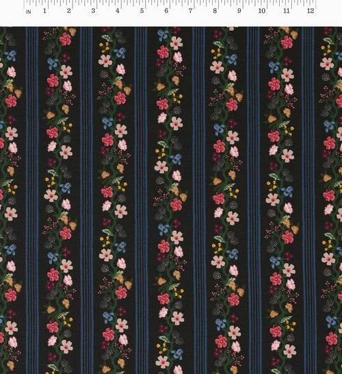 Floral Trellis Stripe Cotton Fabric - Black