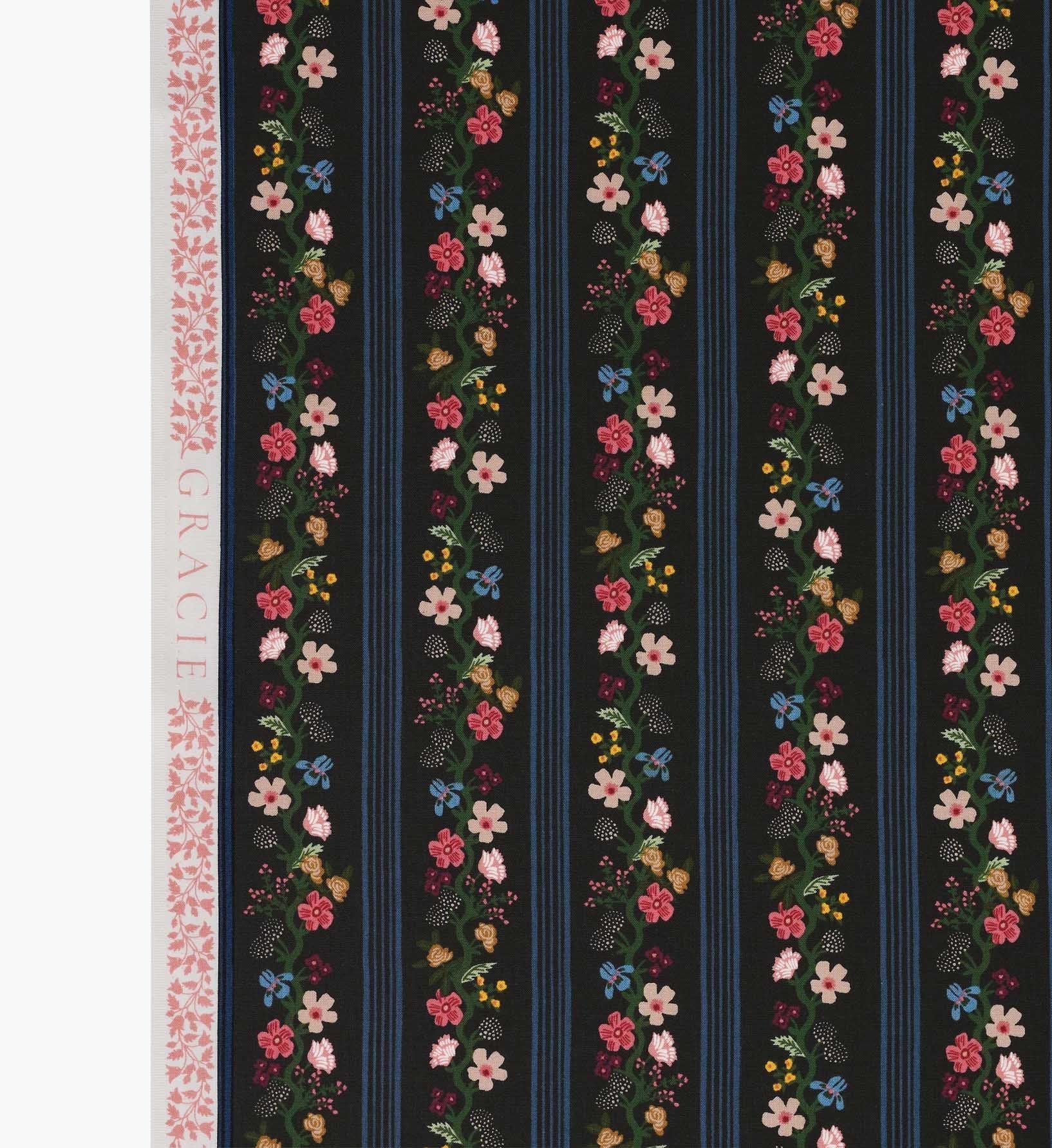 Floral Trellis Stripe Cotton Fabric - Black