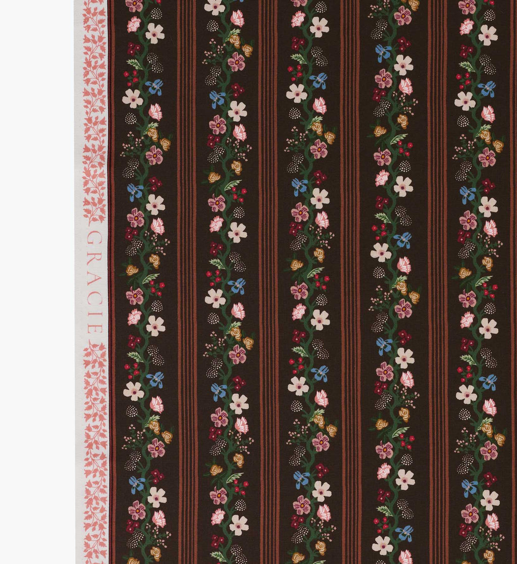 Floral Trellis Stripe Cotton Fabric - Cocoa