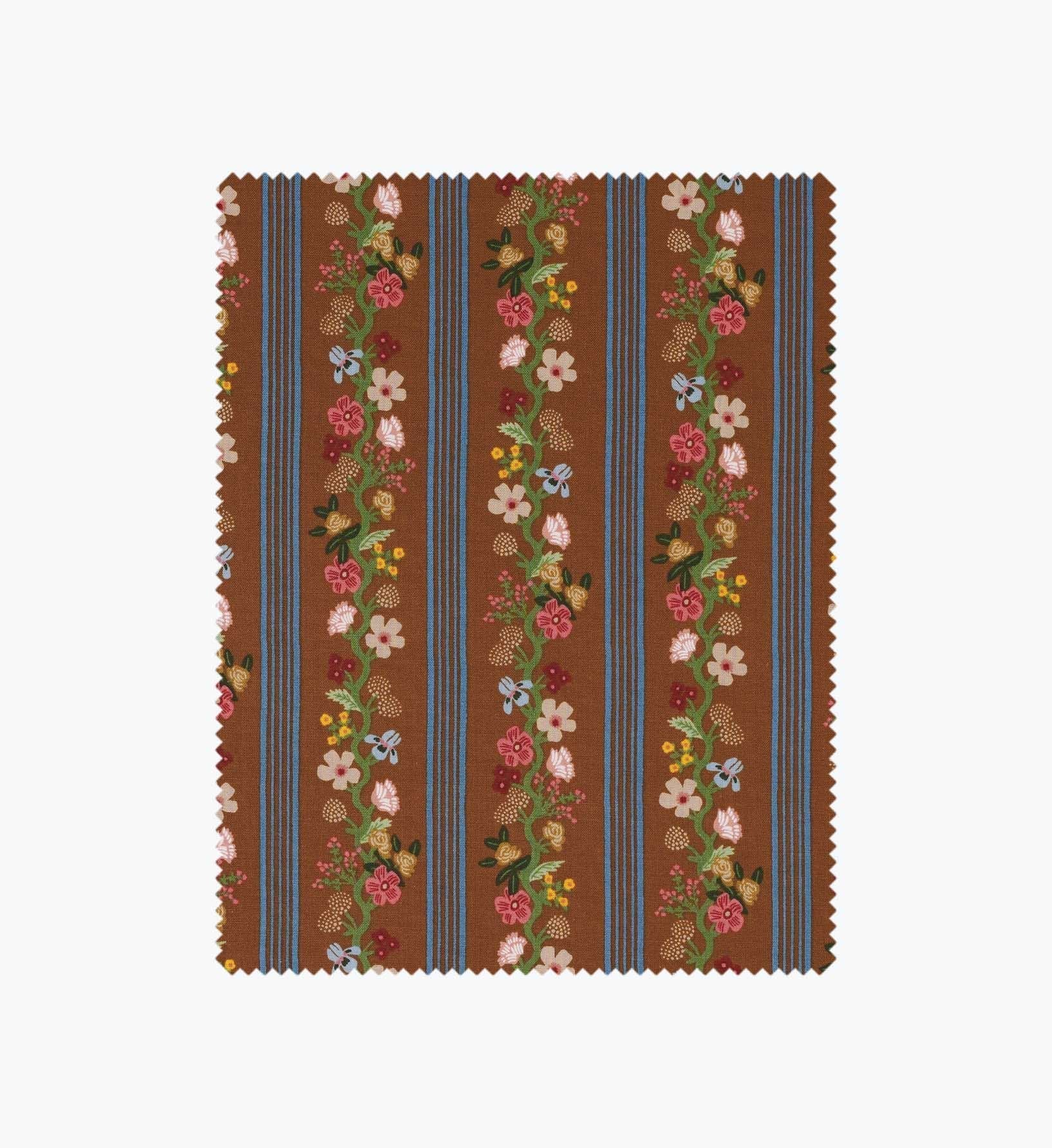 Floral Trellis Stripe Cotton Fabric - Clay