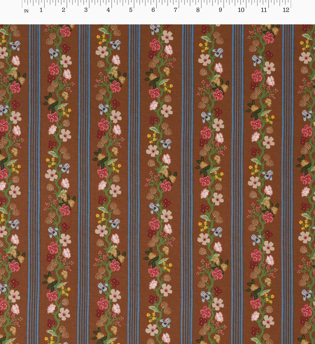 Floral Trellis Stripe Cotton Fabric - Clay