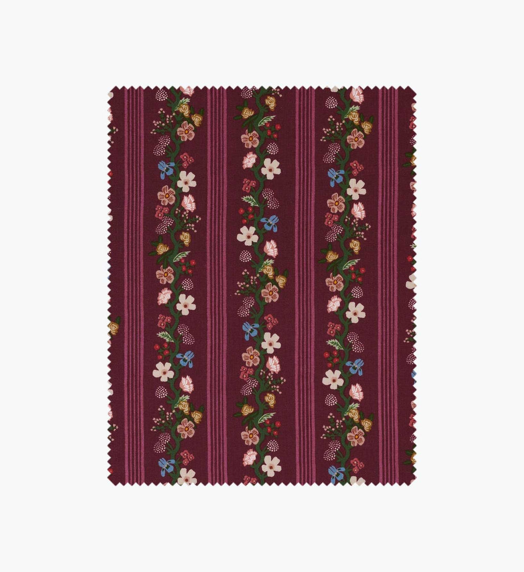 Floral Trellis Stripe Cotton Fabric - Burgundy