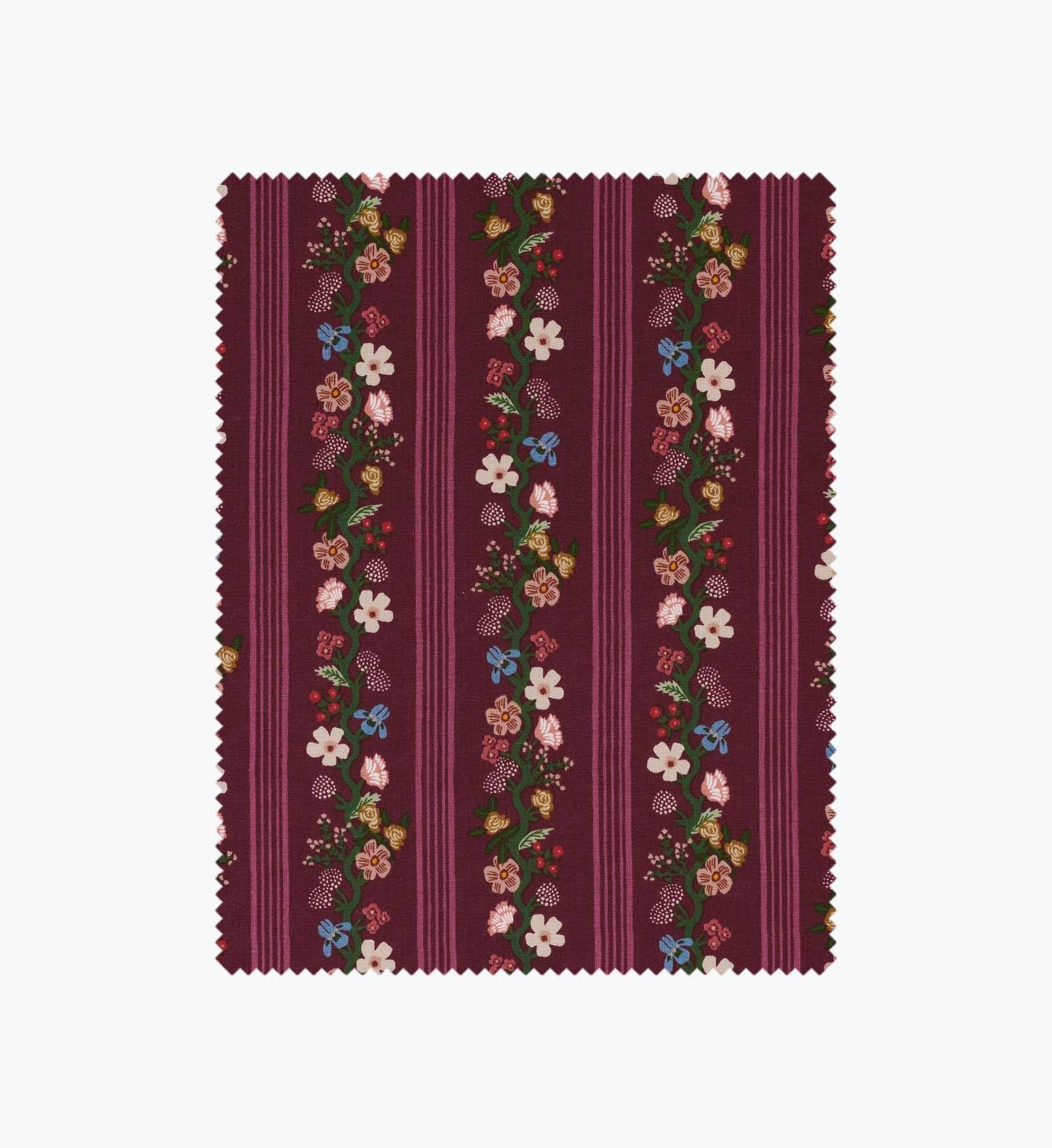 Floral Trellis Stripe Cotton Fabric - Burgundy
