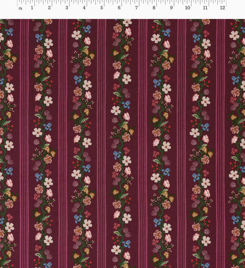 Floral Trellis Stripe Cotton Fabric - Burgundy