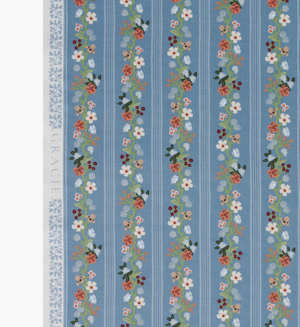 Floral Trellis Stripe Cotton Fabric - Slate