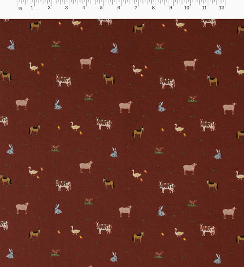 Farm Animals Cotton Fabric - Crimson