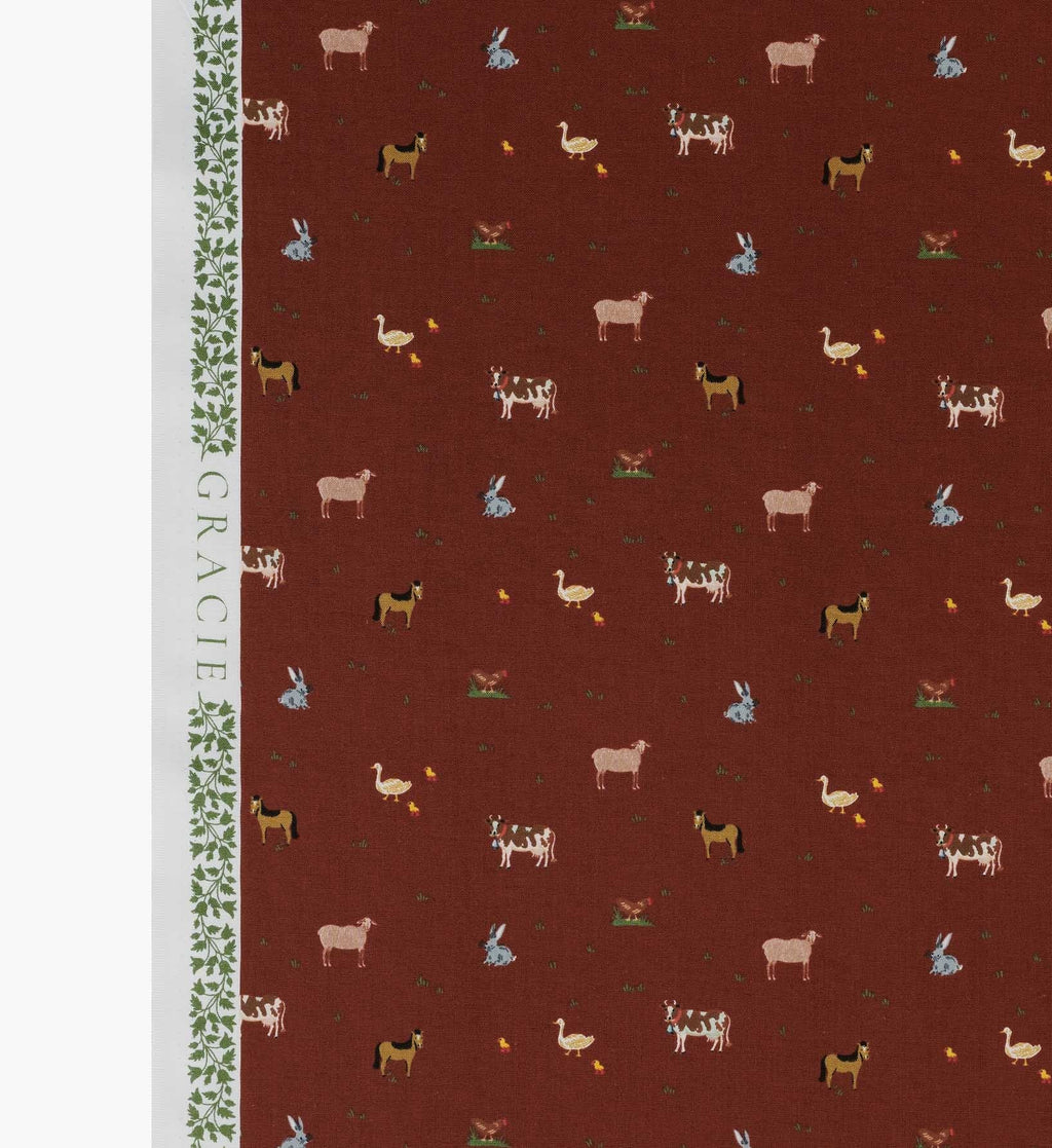 Farm Animals Cotton Fabric - Crimson